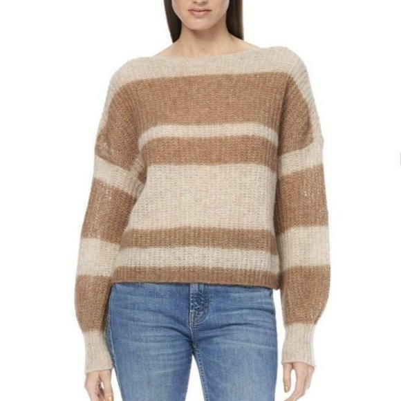 360 SWEATER Pullover S Boxy Colorblock Stripe Alpaca Wool Knit Gold Camel NEW - Picture 5 of 7